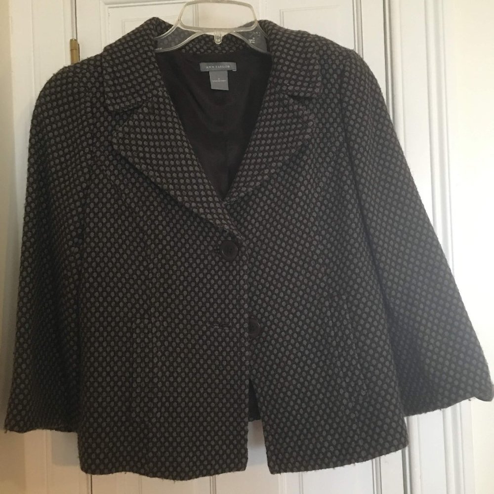 Ann Taylor Womens 8 Polka Dot Cropped Jacket Wool Cotton 3/4 Sleeve Gray‎ Brown